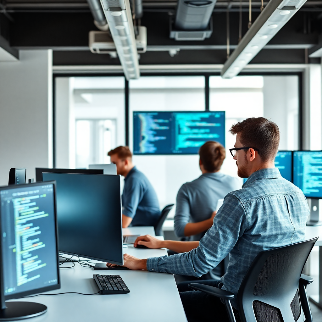Équipe produit au travail, écrans avec code, ambiance lumineuse